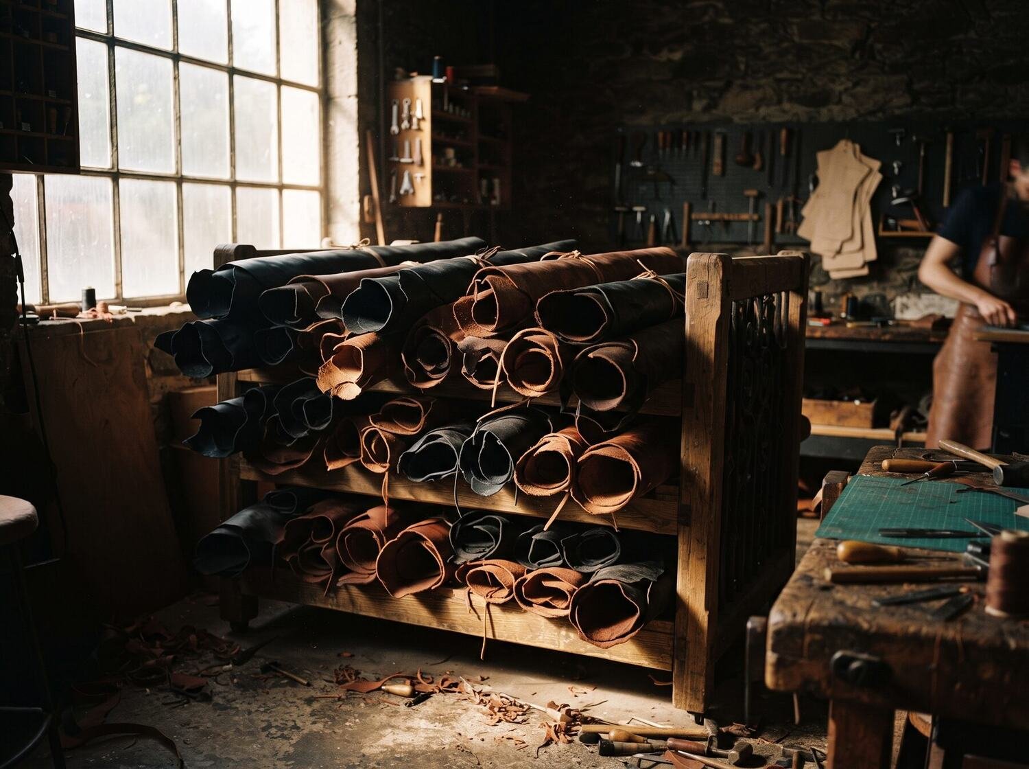 Rolled leather hides in the Averlin atelier