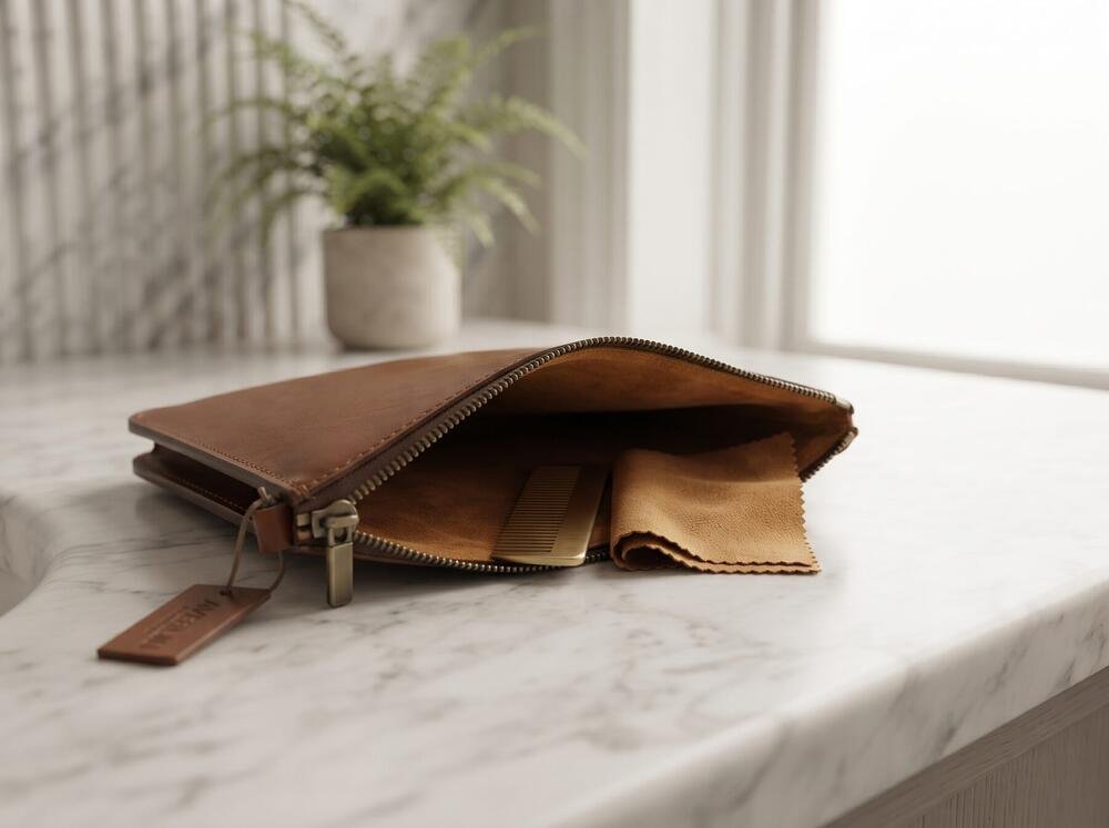 The Zip Pouch open on a marble counter